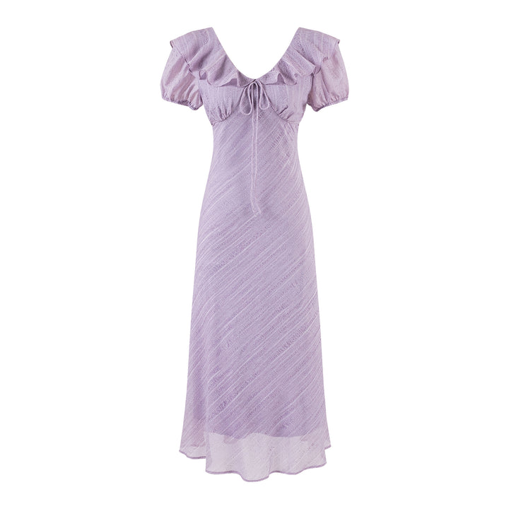 V-Neck Bubble Sleeve Purple Dress Vacation Long Dress for Women