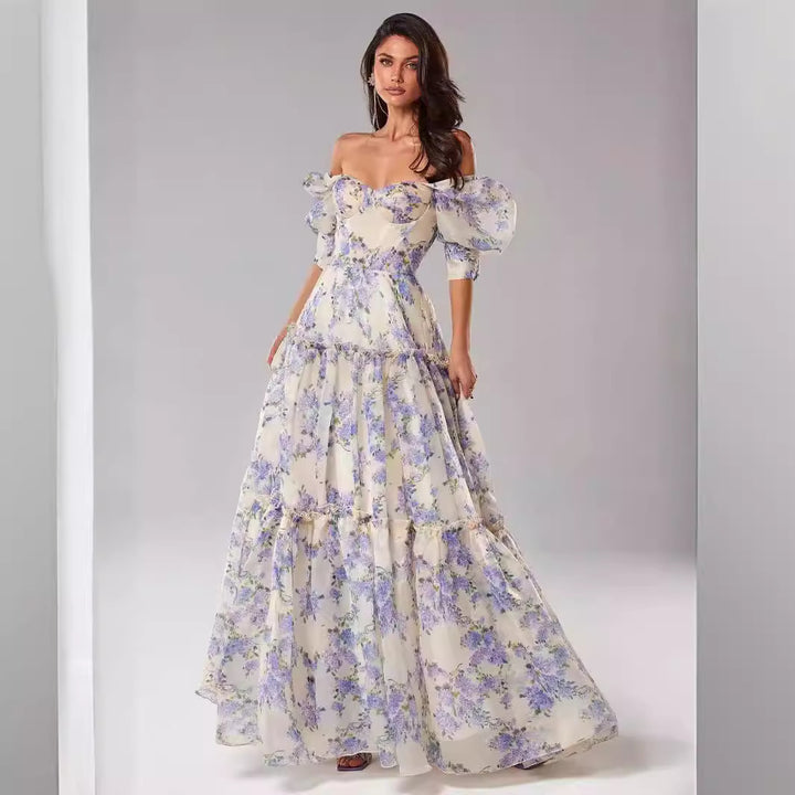 Shoulder-baring Elegant Organza Long Formal Evening Dress for Women Fashionable and Chic Spring/Summer Style