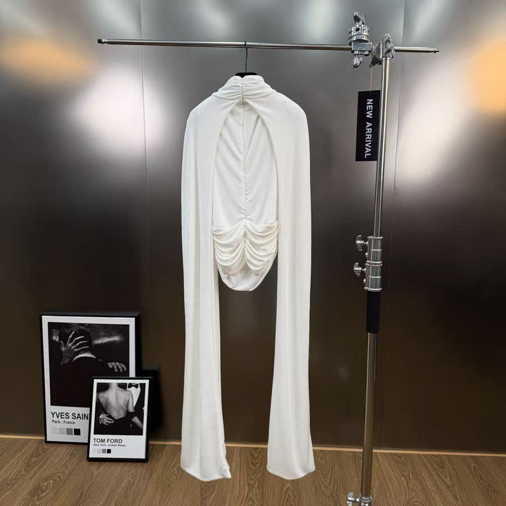 Half high neck pleated waist slimming knitted long sleeved T-shirt
