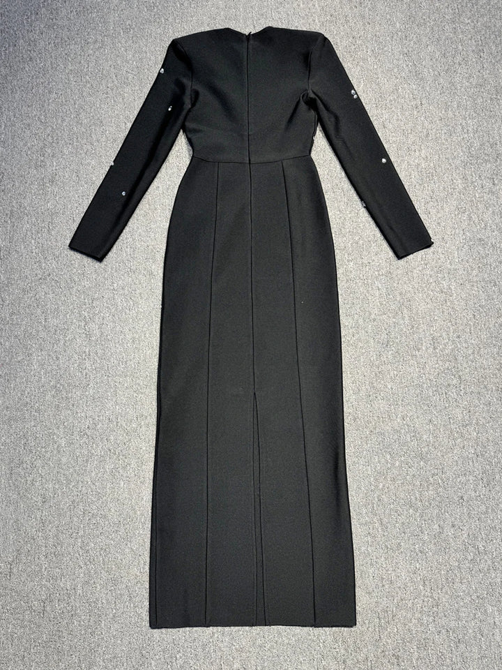 Elegant long evening dress with heavy-duty beading diamond inlay long-sleeved and bandage style