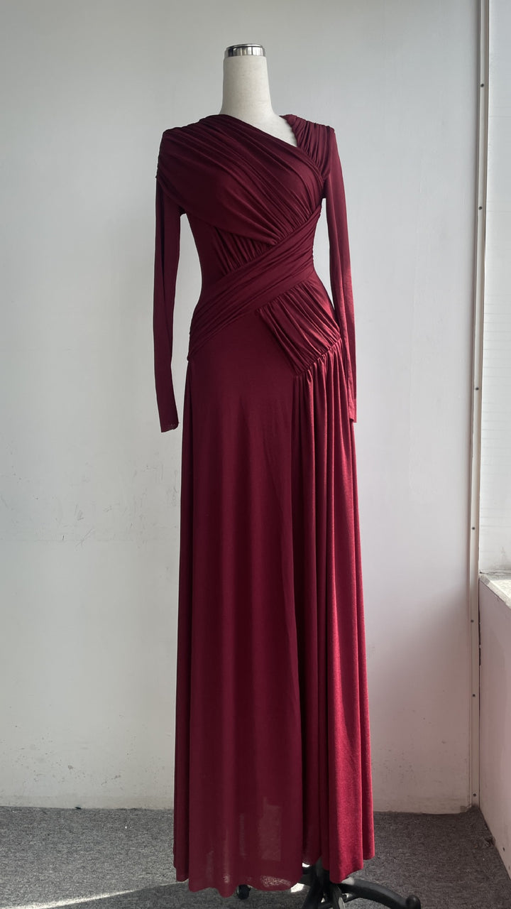 Pleated Long Sleeve Maxi Dress with Unique Design, Floor-Length Formal Gown