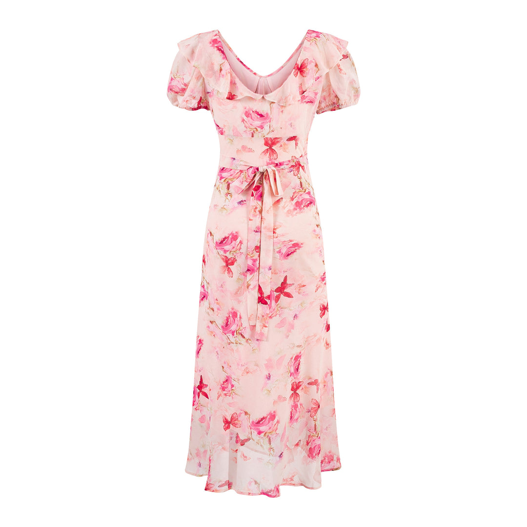 Sexy V-neck Front Tie Floral Backless Design Waist-cinching Long Dress