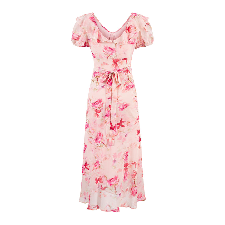 Sexy V-neck Front Tie Floral Backless Design Waist-cinching Long Dress