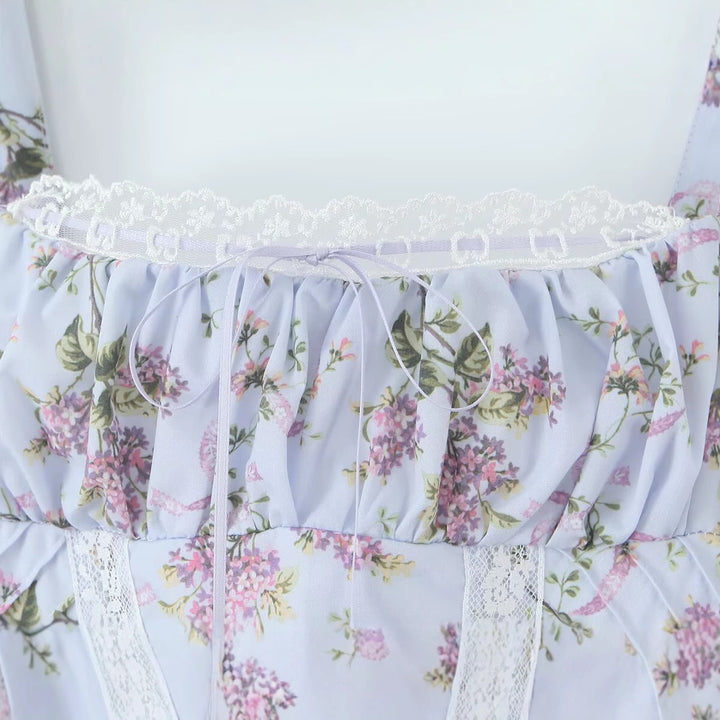 Splicing lace printed waist cinching suspender dress