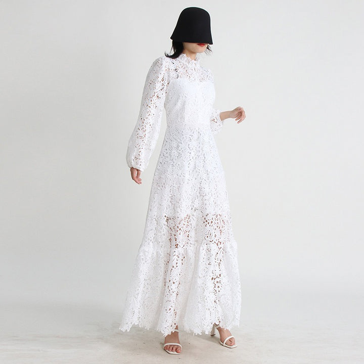 Fashionable lace hollowed out heavy-duty embroidered stand up collar bubble sleeve dress