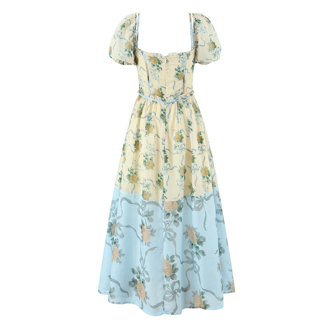 Bohemian style patchwork floral bubble sleeve mid length dress