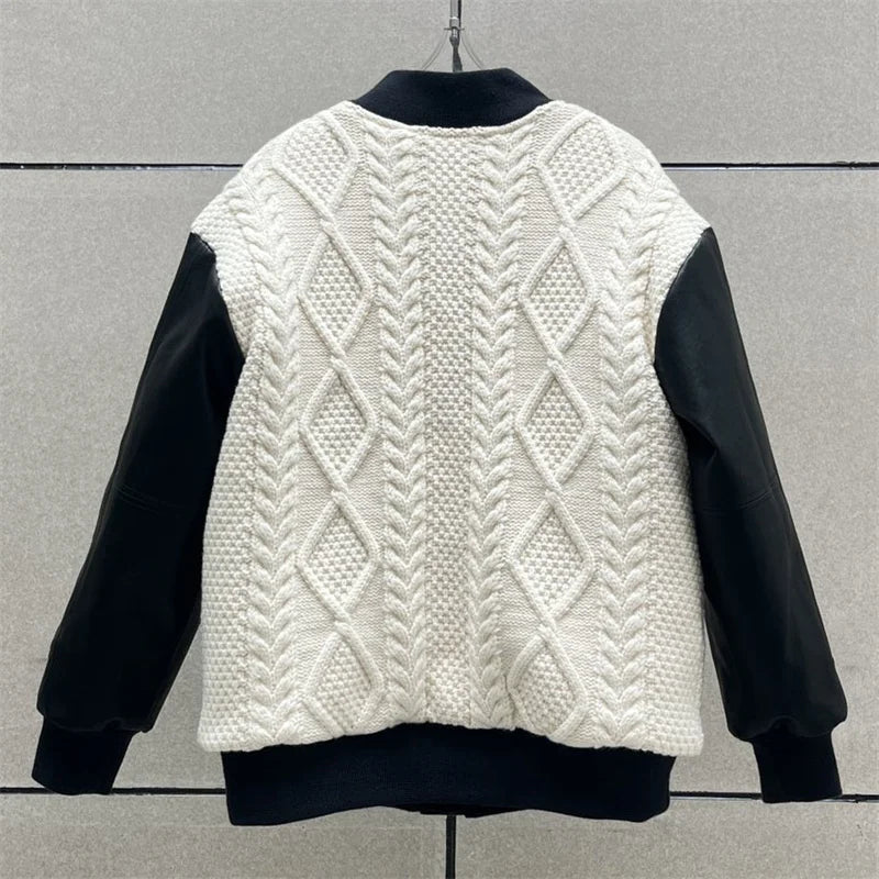 New in Korean Fashion Contrast Knit Panel down coats Wool blend long sleeved top Warm thick coat