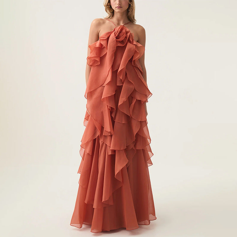 Splicing lotus leaf edge skirt with hanging neck and exposed back design long dress for women