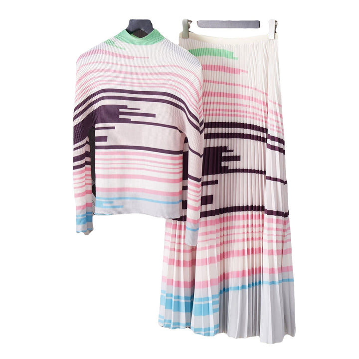 Pleated Pink Print 2 Pieces Set Loose T Shirt Color Block + A-line Skirts Women Luxury Clothes Spring Elegant