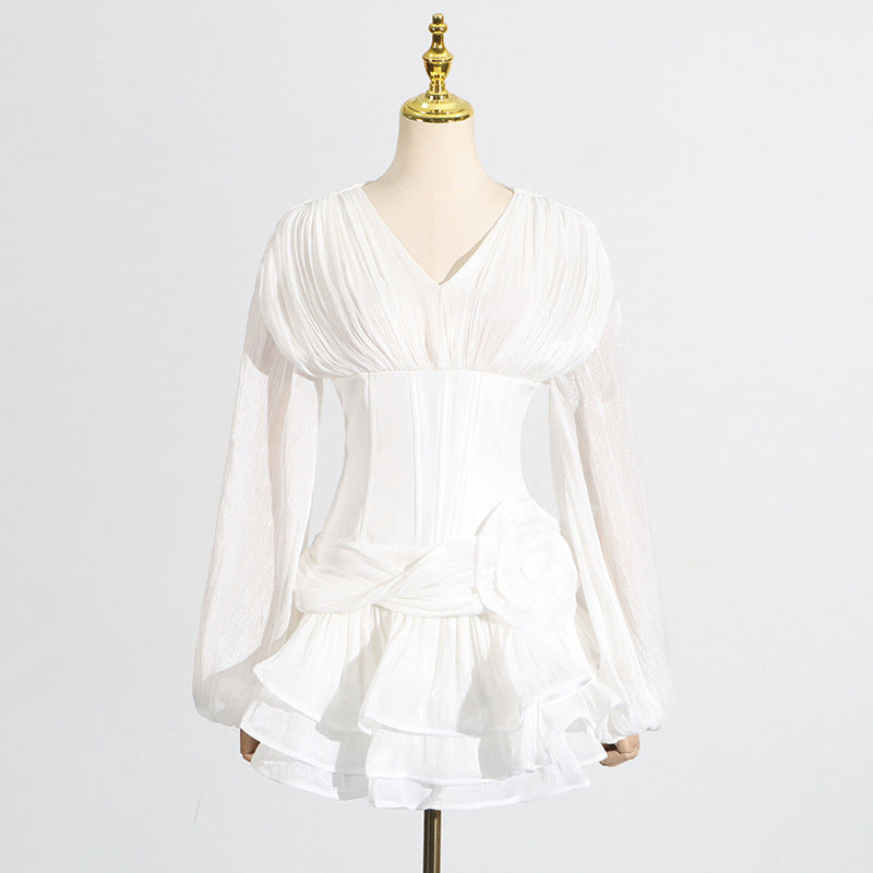 French Elegant Noble Ruffle Hem Short Dress V-Neck Bubble Sleeve 3D Flower Dress Summer Women