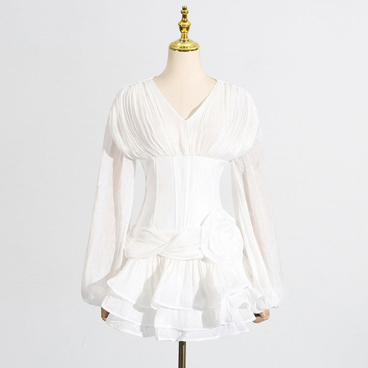 French Elegant Noble Ruffle Hem Short Dress V-Neck Bubble Sleeve 3D Flower Dress Summer Women