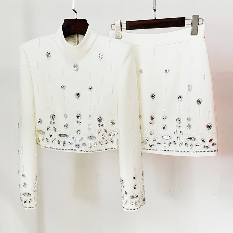 European and American fashion new heavy industry nail bead inlaid diamond short top half skirt set two-piece set