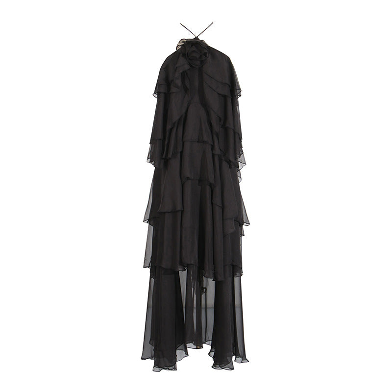 Splicing lotus leaf edge skirt with hanging neck and exposed back design long dress for women