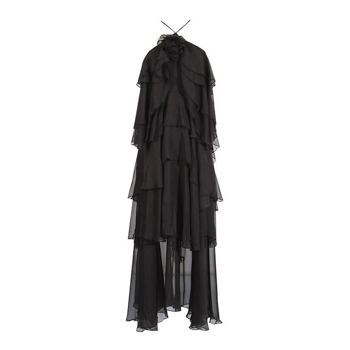 Splicing lotus leaf edge skirt with hanging neck and exposed back design long dress for women
