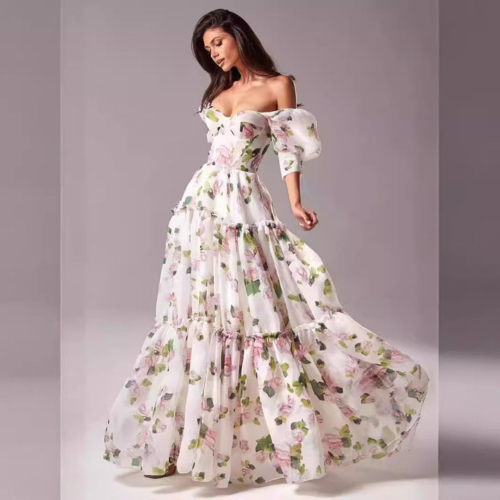 Shoulder-baring Elegant Organza Long Formal Evening Dress for Women Fashionable and Chic Spring/Summer Style