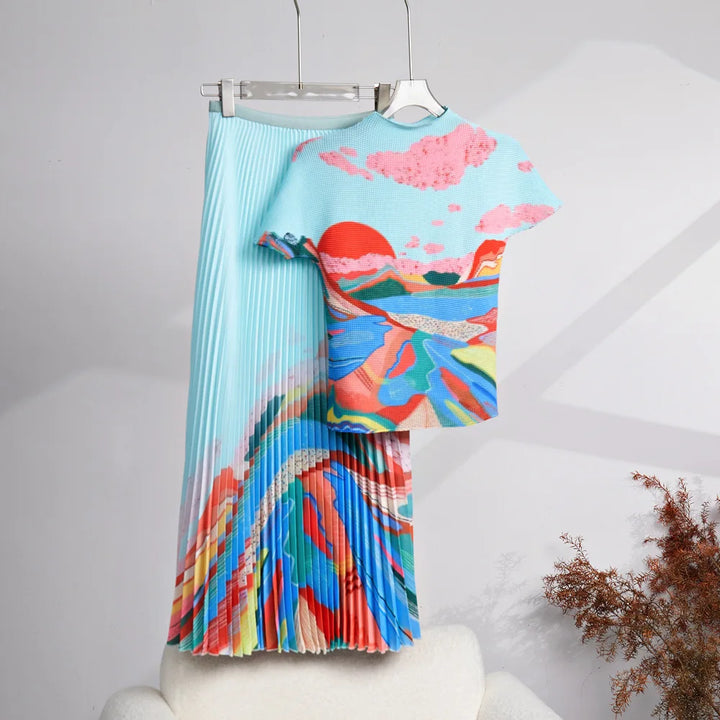 Summer High End Fashion Versatile Short Sleeve T-shirt New Print Pleated Top+Long Pleated Half Skirt Ins Fashion