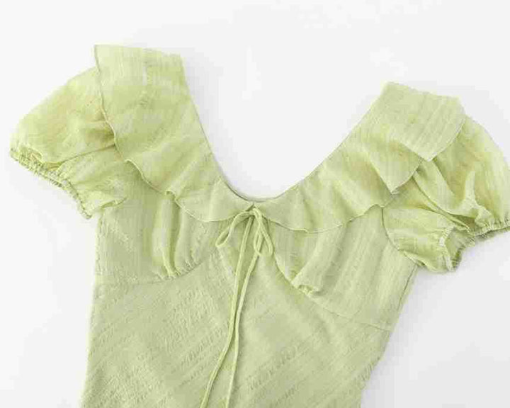 Slim Fit V-Neck Ruffle Front Tie Waist Short Sleeve Dress Long Skirt