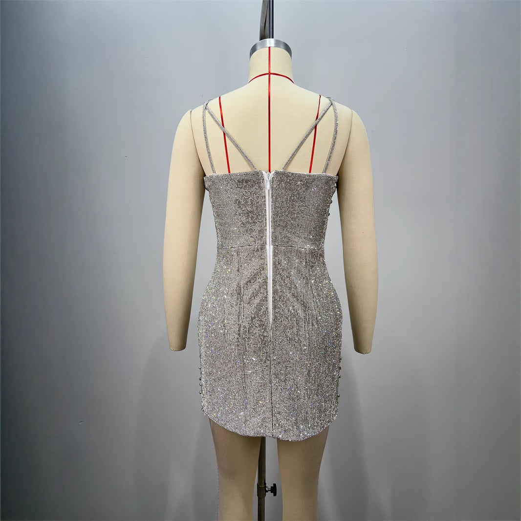 Fashionable Backless Strapless Fitted Mesh Beaded Casual Mini Bodycon Dress for Women