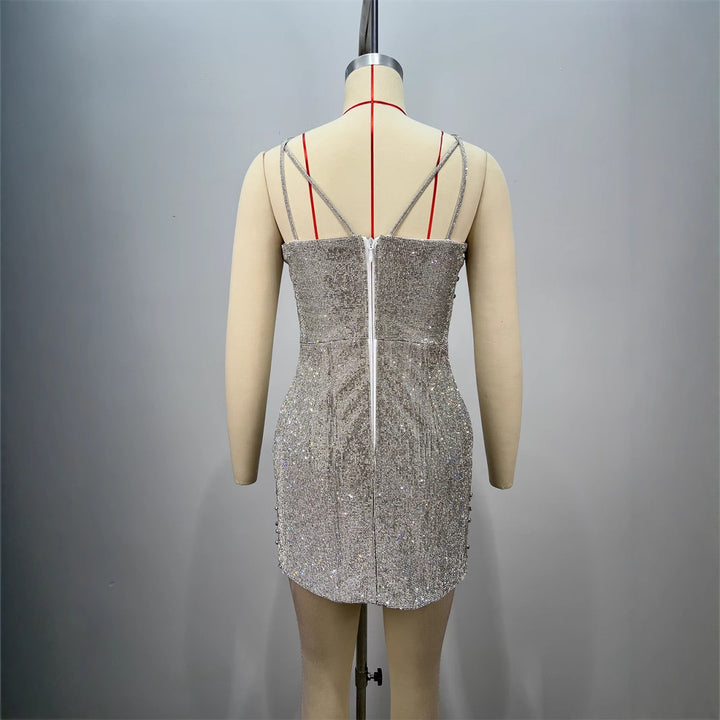 Fashionable Backless Strapless Fitted Mesh Beaded Casual Mini Bodycon Dress for Women