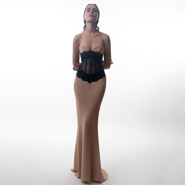 New Sexy Apricot Strapless Lace Elastic Long Dress For Women&