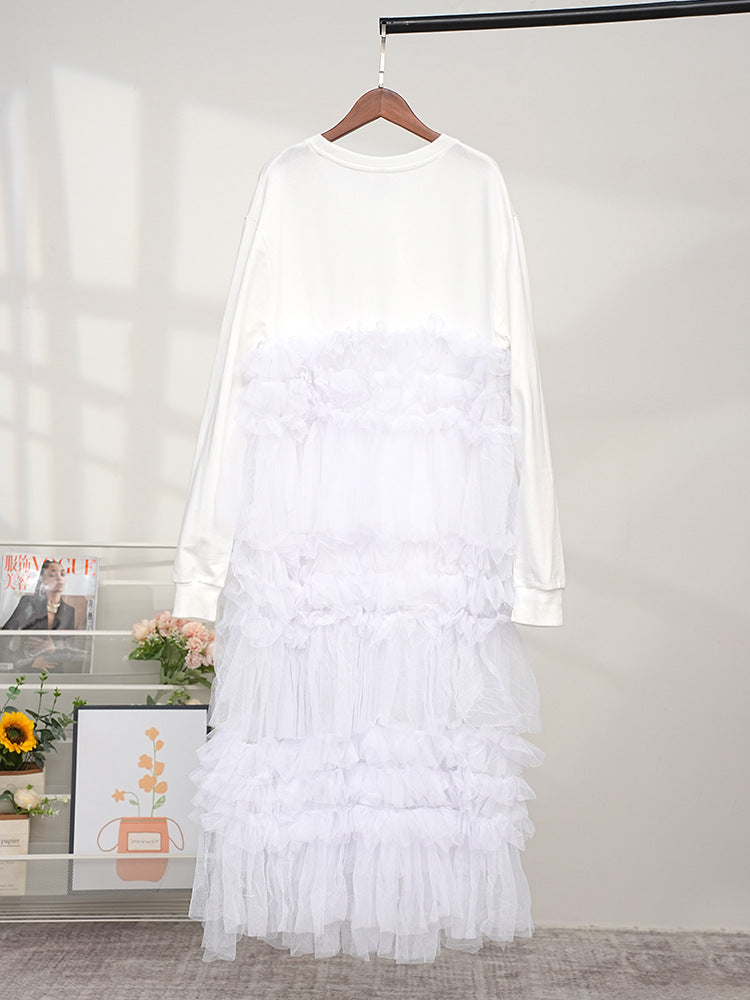 European and American round neck mesh patchwork hoodie dress for women French long sleeved skirt