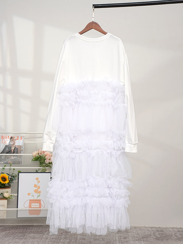 European and American round neck mesh patchwork hoodie dress for women French long sleeved skirt