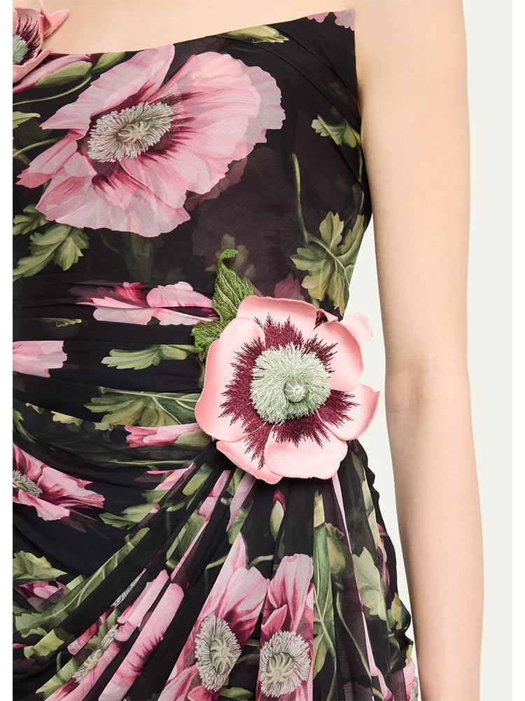 Printed three-dimensional embroidered strapless dress with mesh