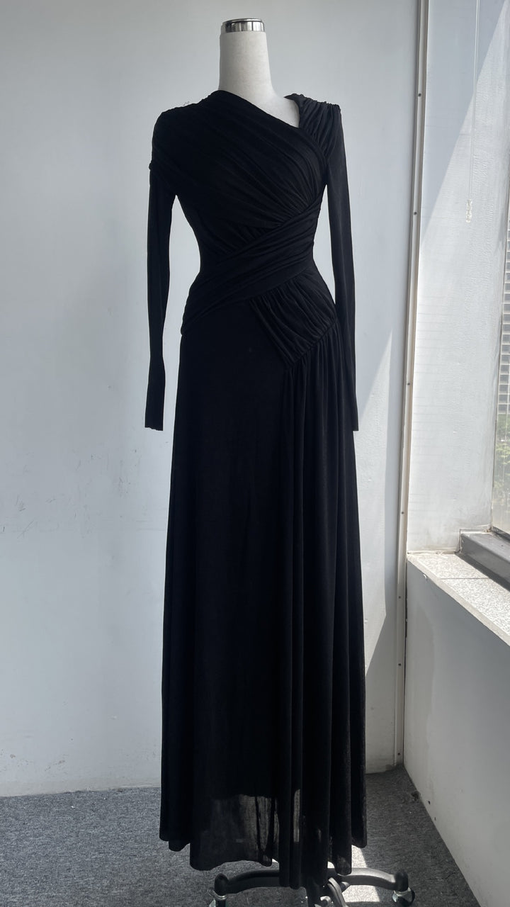 Pleated Long Sleeve Maxi Dress with Unique Design, Floor-Length Formal Gown