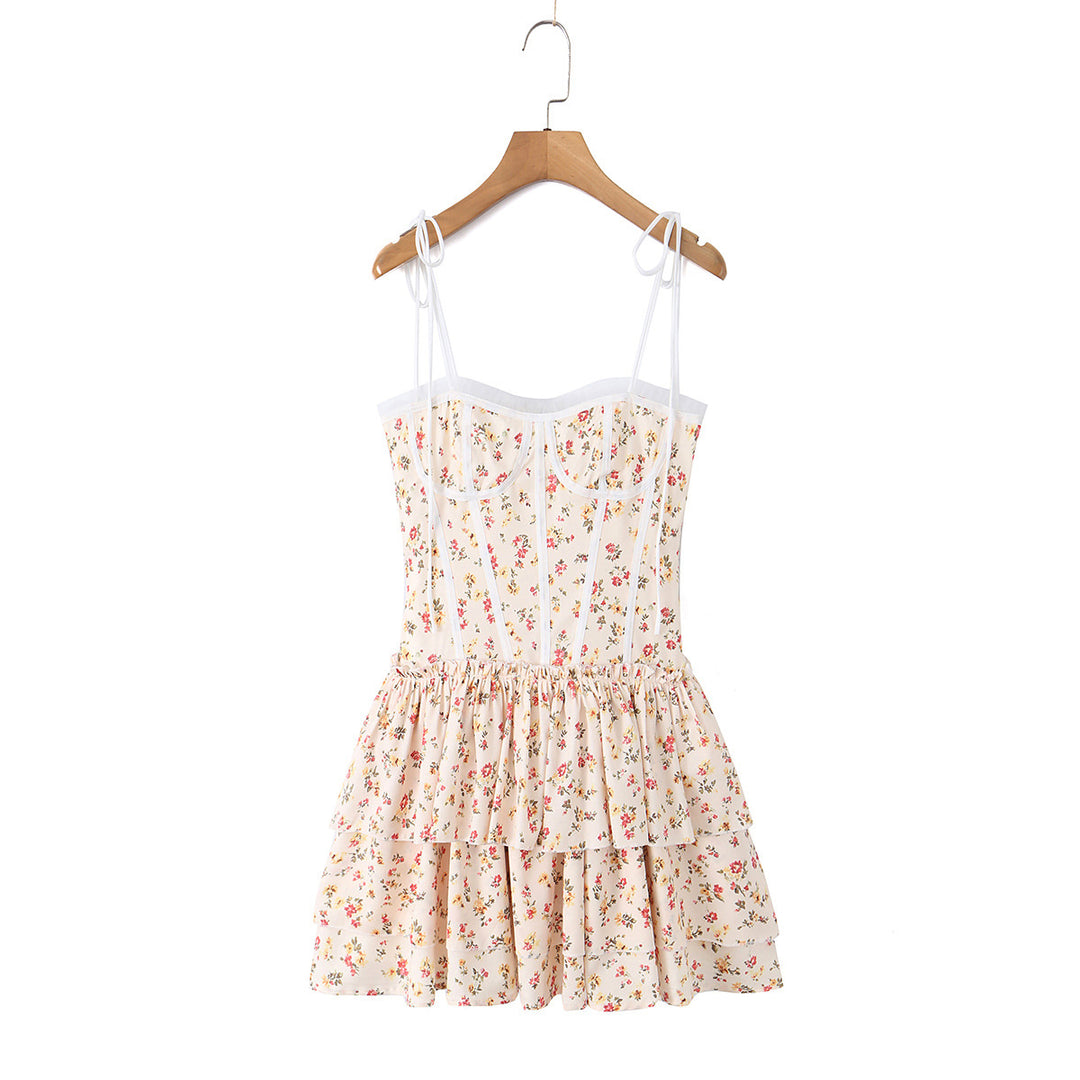 Pink Floral Strap Dress for Women, Tea-Length Mini Skirt, Fitted Waist Cake Style Dress