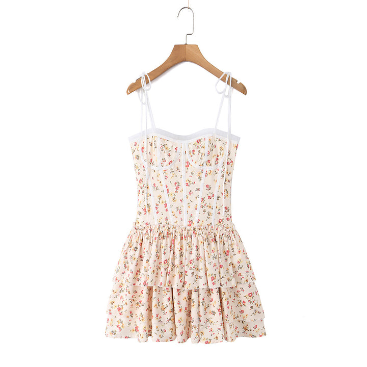 Pink Floral Strap Dress for Women, Tea-Length Mini Skirt, Fitted Waist Cake Style Dress