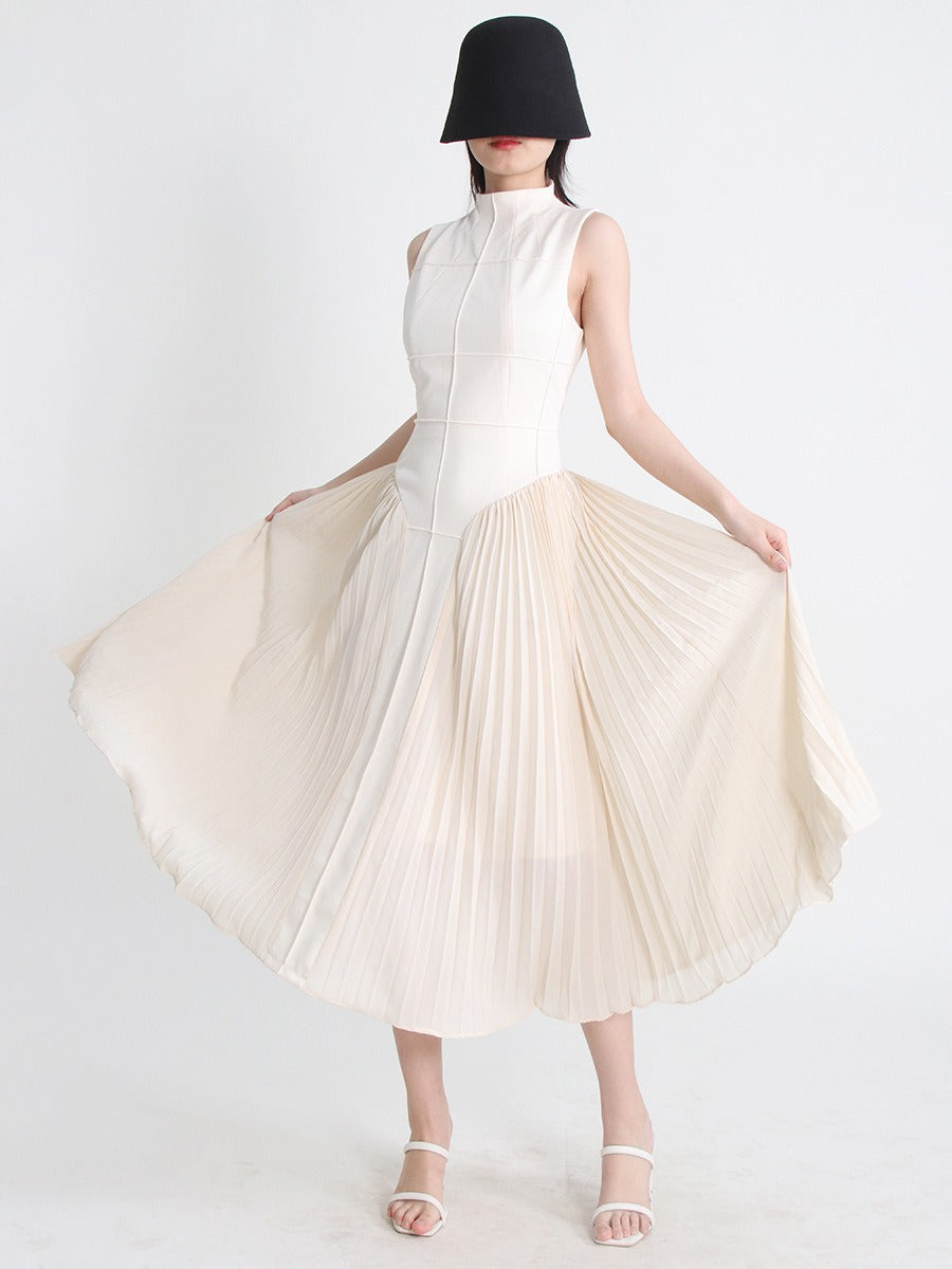 French light cooked retro style summer standing collar sleeveless open thread design pleated design long solid color dress