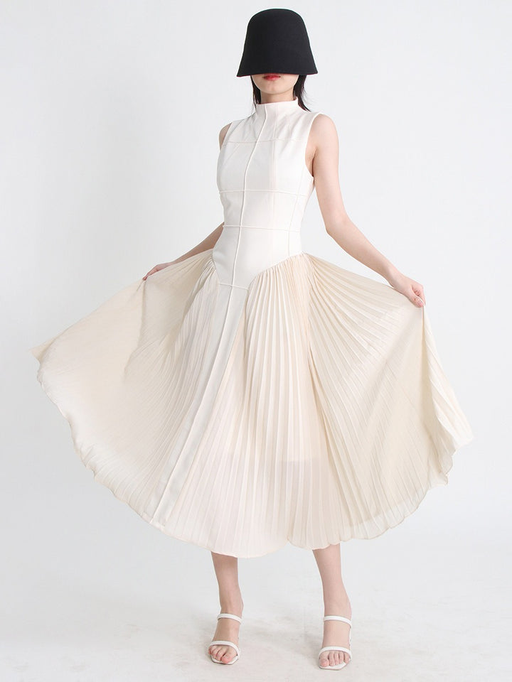 French light cooked retro style summer standing collar sleeveless open thread design pleated design long solid color dress