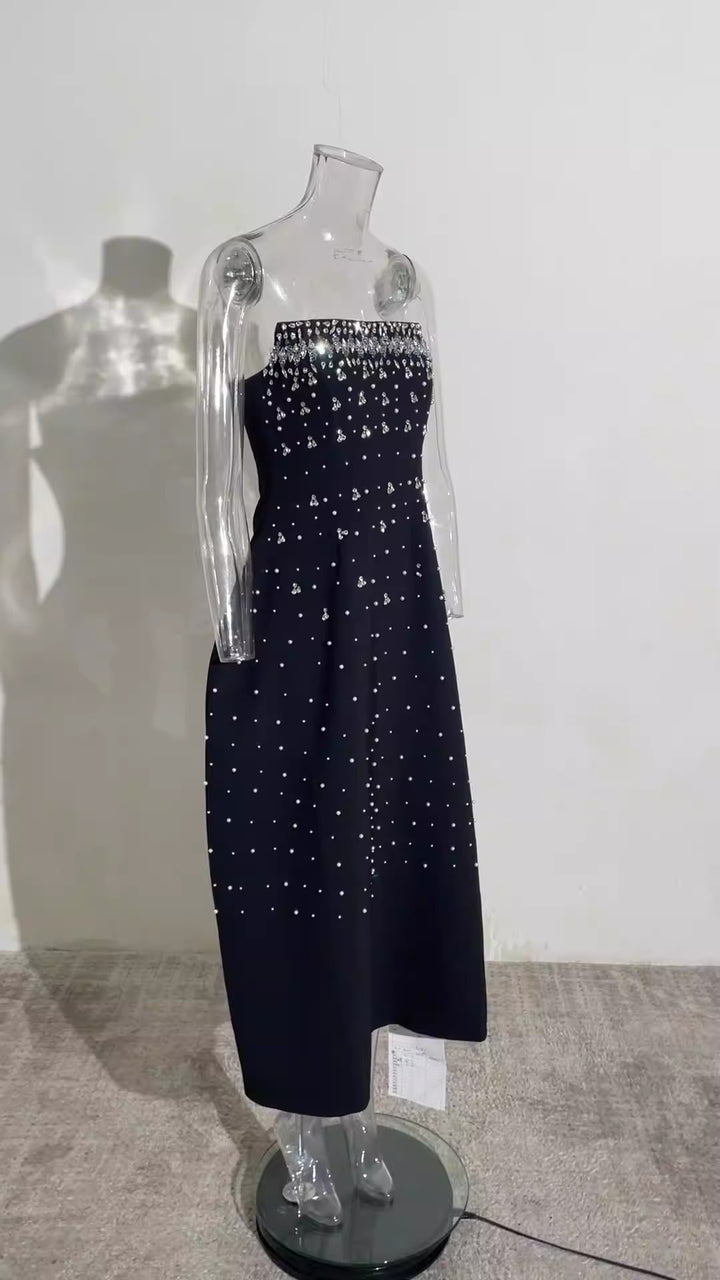 French heavy industry high-end feeling diamond studded nail bead strapless long dress for women&