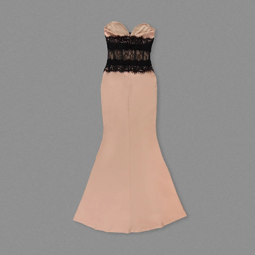 New Sexy Apricot Strapless Lace Elastic Long Dress For Women&
