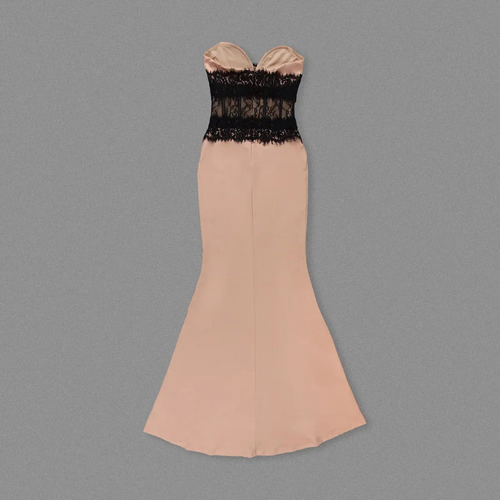 New Sexy Apricot Strapless Lace Elastic Long Dress For Women&