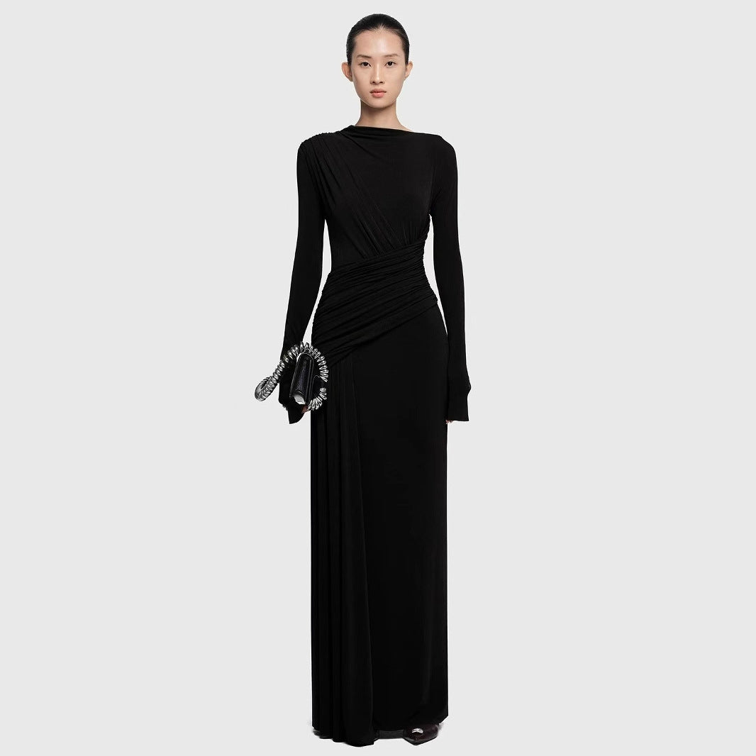 Elegant Knit Long Sleeve Ribbon Dress with Asymmetrical Neckline, Elastic Pleated Floor-Length Skirt