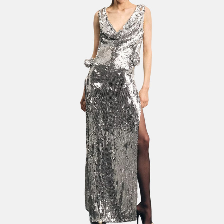 Sexy Sleeveless Sequins 3D Flower High Split Long Dress Women Sliver V-Neck Sequin Flower Design Maxi Dress Elegant Celebrity