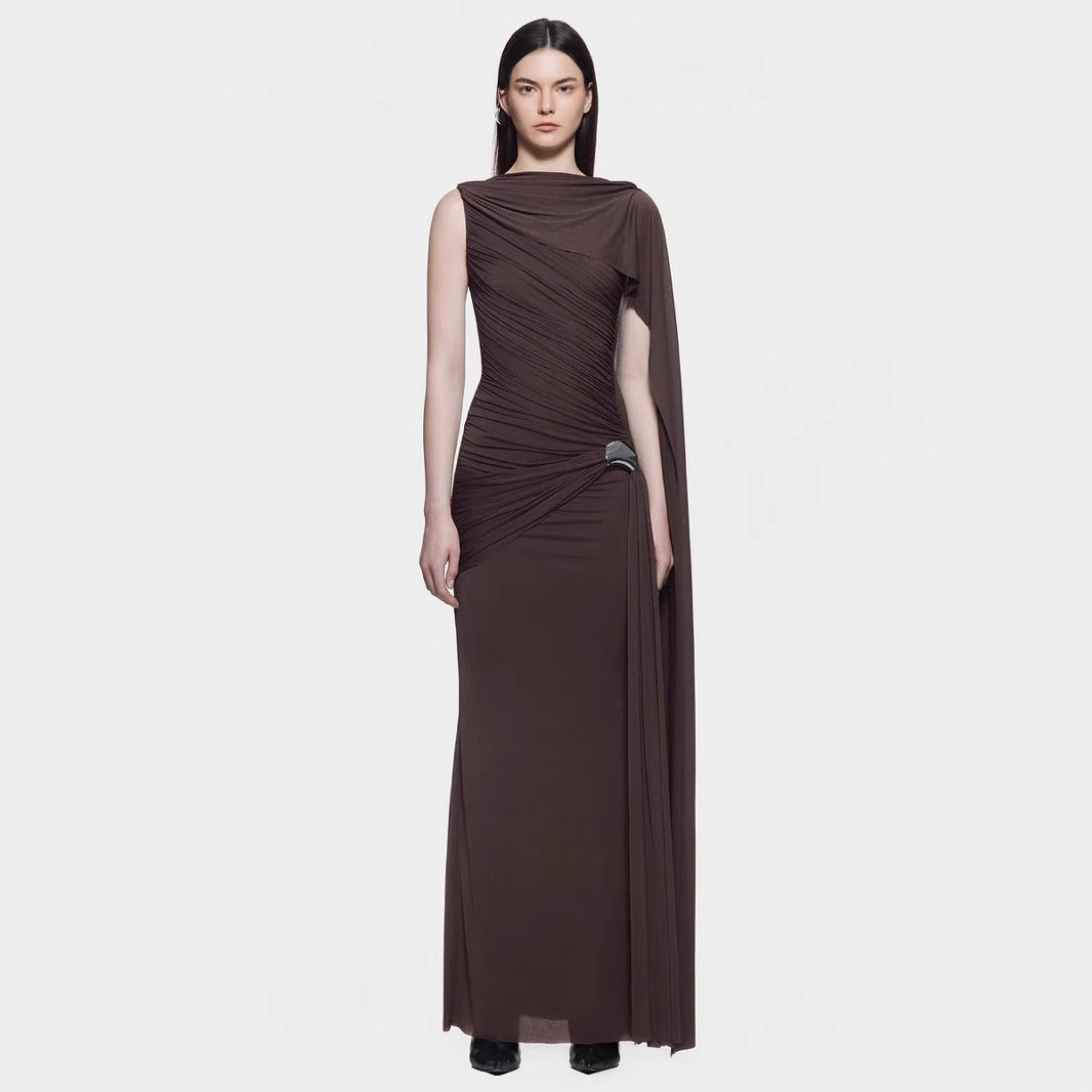 Knitted Sleeveless Pink Ribbon Pleated Floor-Length Dress with Scarf Detail