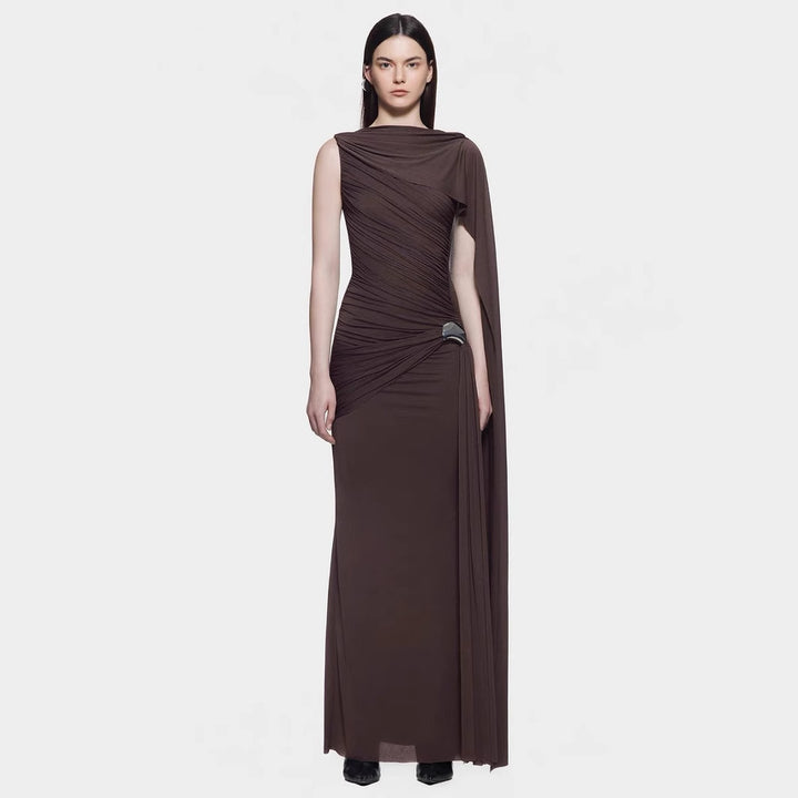 Knitted Sleeveless Pink Ribbon Pleated Floor-Length Dress with Scarf Detail