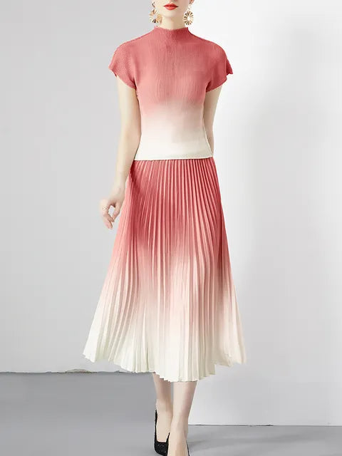 Summer Gradient Pleated Sets For Women Turtleneck Short Sleeve Top Elastic Waist A-line Skirt Female Two Piece