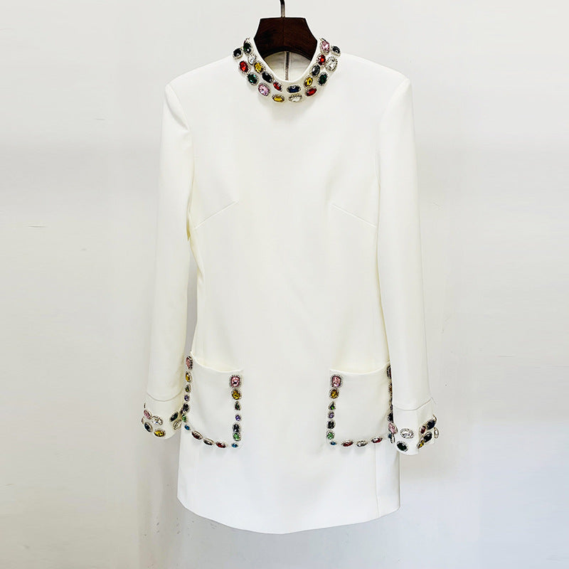 Fashion heavy industry nail bead inlaid diamond colored gemstone long sleeved dress