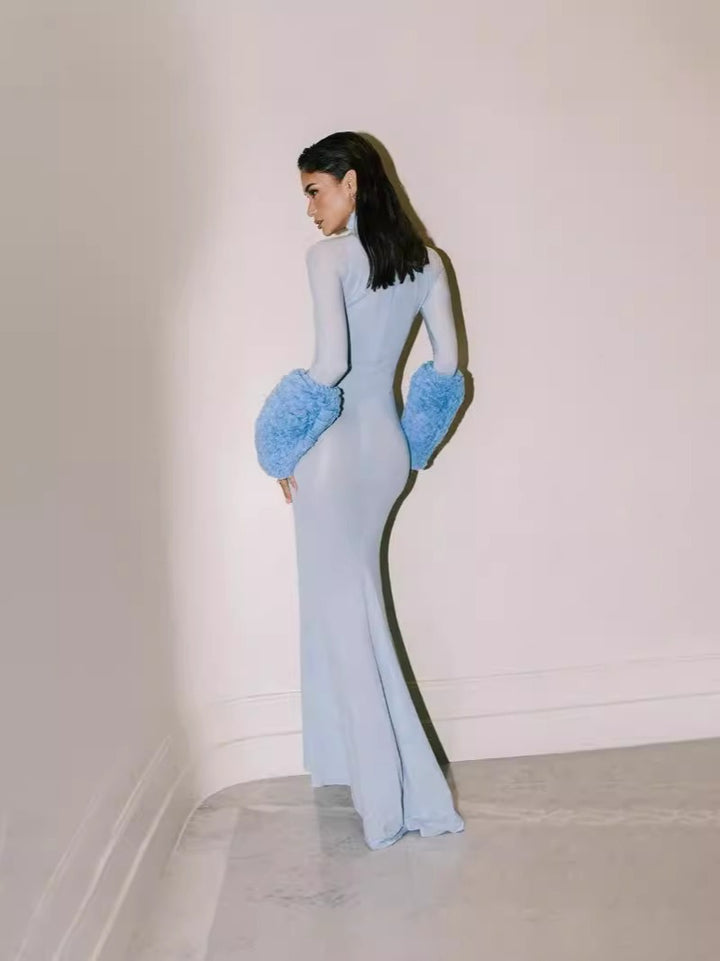 Blue high neck see through slim fit feather long sleeved dress, elegant and sexy party dress