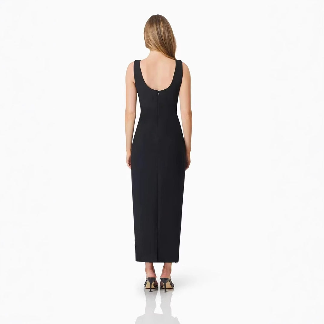 Summer U-neck sleeveless diamond studded three-dimensional flower slim fit black dress with buttocks wrapped