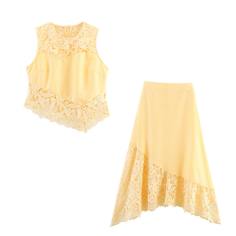 Style Sleeveless Top and Skirt Set with Elegant French Design