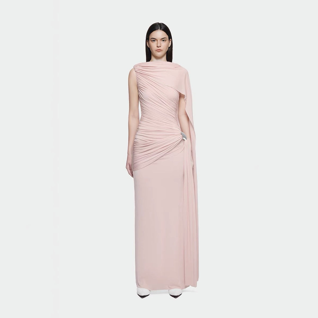 Knitted Sleeveless Pink Ribbon Pleated Floor-Length Dress with Scarf Detail