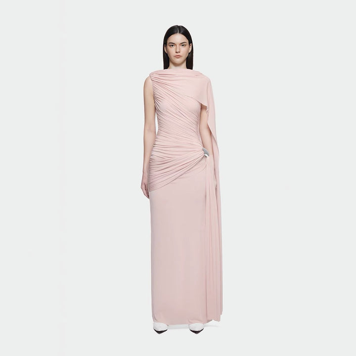 Knitted Sleeveless Pink Ribbon Pleated Floor-Length Dress with Scarf Detail