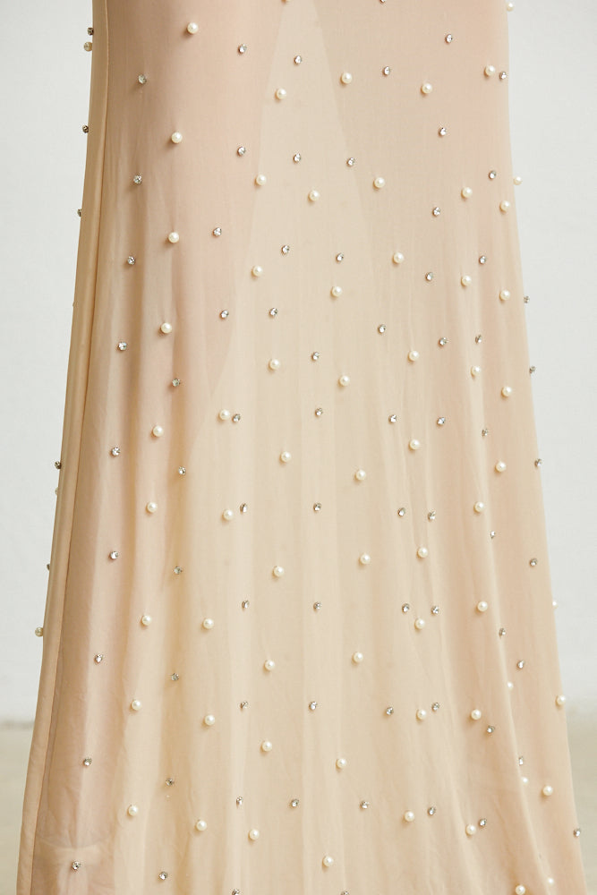 Sheer Maxi Dress - Faux Feather Cuffs - Magnolia