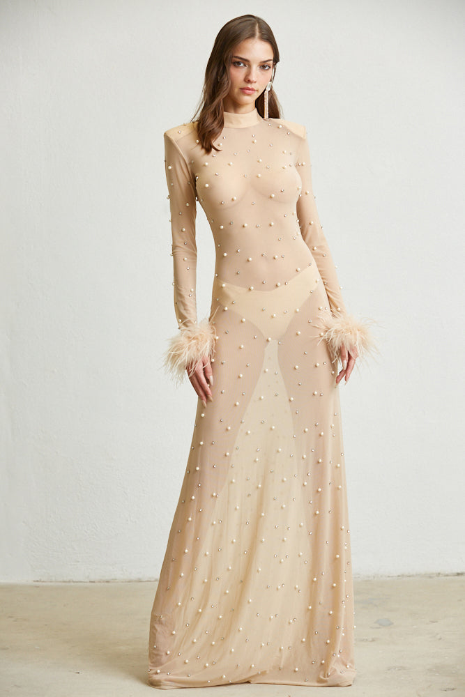Sheer Maxi Dress - Faux Feather Cuffs - Magnolia