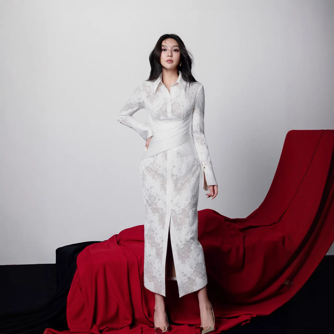 White lace embroidered long sleeved dress for women