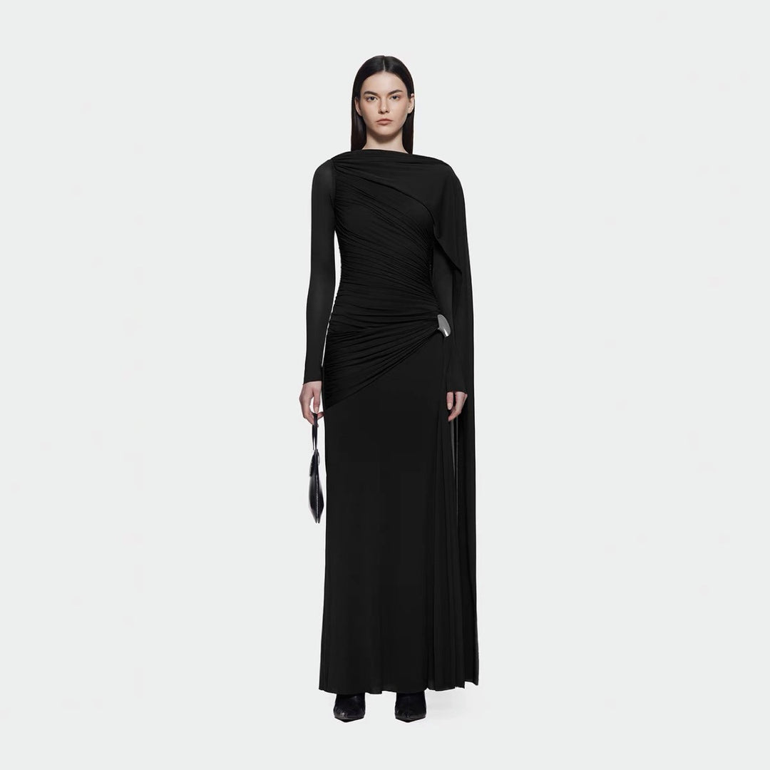 Solid color pleated asymmetrical minimalist slim fit dress